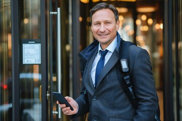 Beautiful mature businessman with a reassuring smile holding a smartphone to disarm the security system of the door.