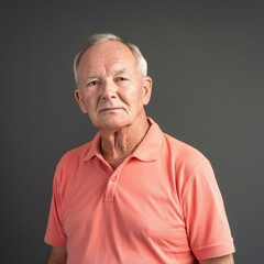 Obraz premium Portrait of a senior man in his 60s with thinning ash hair, wearing a salmon polo, looking thoughtful against a dark background