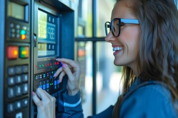beautiful businessperson wearing eyeglasses is smiling and laughing while entering a code in the security system keypad.