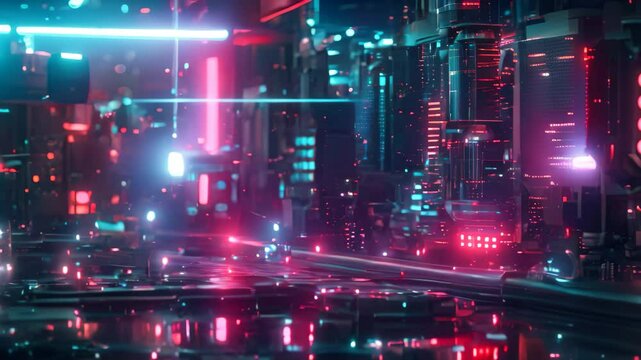 Bitcoin Symbol in Futuristic Environment, A futuristic Video of bitcoins being transacted over a blockchain, set in a cyberpunk aesthetic