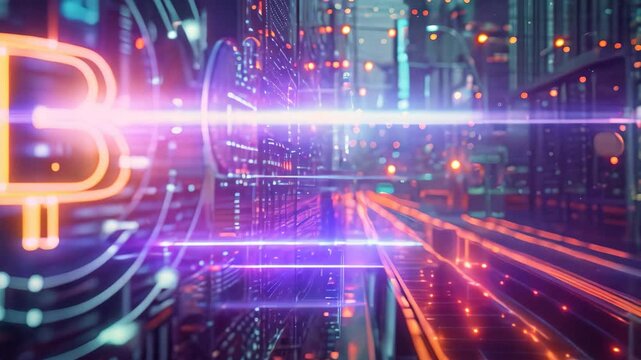 Bitcoin Logo in Front of Cityscape, A futuristic Video of bitcoins being transacted over a blockchain, set in a cyberpunk aesthetic