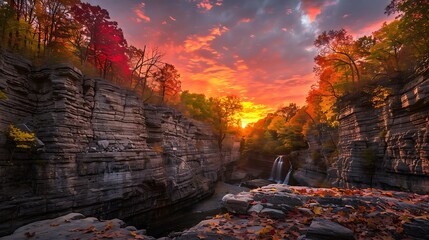 Under a striking sunrise stone cliffs are adorned with vibrant fall leaf