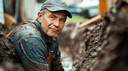 Fototapeta premium Experienced plumber working in mud trench during rainy weather