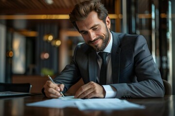 Fototapeta premium The beautiful businessman is smiling as he fills out a blank check at his desk.