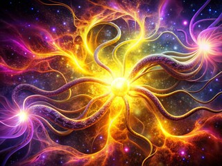 Cosmic, glowing tentacles snaking through the void, each one pulsing with an intense, electric energy that shifts from magenta to yellow.