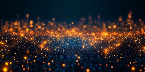 Obraz premium A digital landscape illuminated by a network of glowing points connected by thin lines, creating a visual representation of interconnectedness and data flow.
