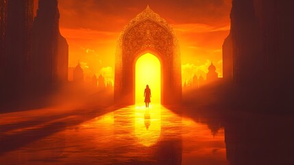 A captivating scene depicting a person walking through an open door that leads to a radiant environment bathed in warm, golden light. The door itself is ornately designed, standing out against 