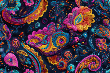 Colorful intricate paisley patterns with detailed embroidery on fabric