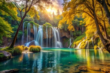 Obraz premium In a mystical realm, a butterscotch waterfall cascades into a crystal lake, surrounded by lush greenery and ancient trees.