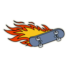 Hand-drawn skateboard on fire illustration. Creative sticker symbolizing speed, thrill, and extreme sports. Vector illustration for skateboarders, adrenaline lovers, and dynamic designs