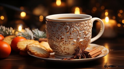 Fototapeta premium Cup for hot drinks. Preparing for festive dinner. Merry christmas 