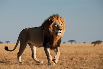 Naklejka premium Majestic Lion Exploring the Savanna Beneath a Clear Blue Sky