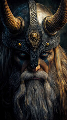 Fototapeta premium Portrait of a Viking with helmet and war paint on his face