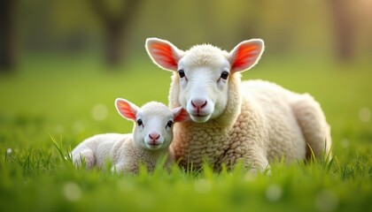 Obraz premium A mother sheep and her lamb in a field of green
