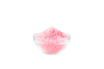 Sea salt for bath with rose aroma isolated on white background. Pink sea salt. Spa treatments. Natural salt with herbs and essential oils. skincare concept.
