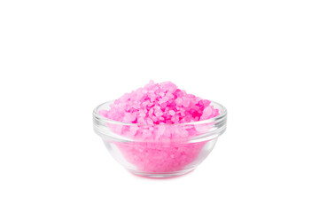 Sea salt for bath with rose aroma isolated on white background. Pink sea salt. Spa treatments. Natural salt with herbs and essential oils. skincare concept.