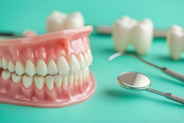 Smiling white teeth with dental implants in front of mint green background featuring dentist tools like mirror and hook