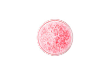 Sea salt for bath with rose aroma isolated on white background. Pink sea salt. Spa treatments. Natural salt with herbs and essential oils. skincare concept.
