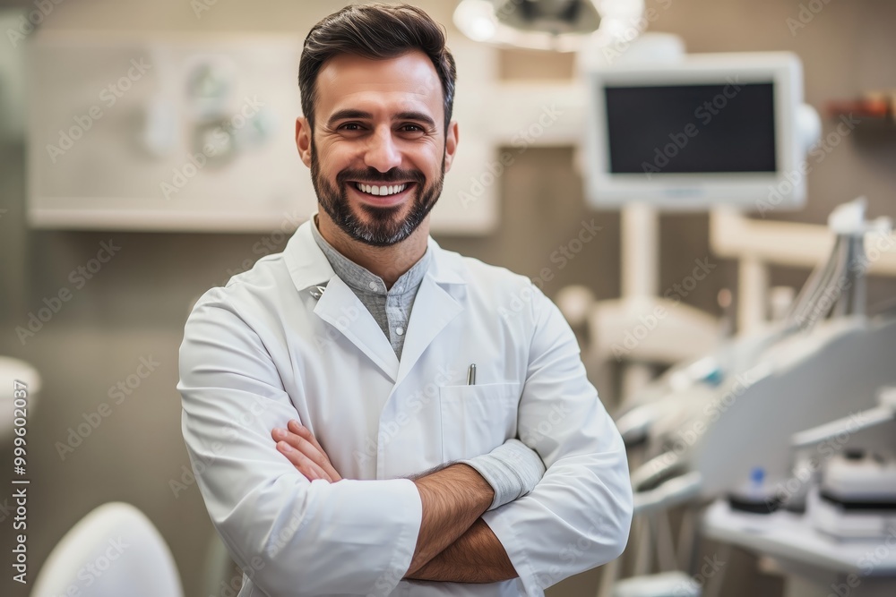Poster smiling dentist posing with confidence in a well-lit setting