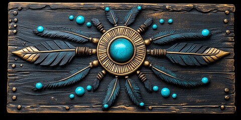 Intricate Handcrafted Wooden Plaque Featuring a Circular Gold Motif Adorned with Blue Gemstones and Surrounded by Black and Gold Feathers