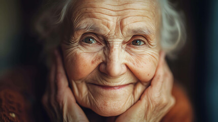 An elderly woman smiles gently,  her hands resting on her cheeks.