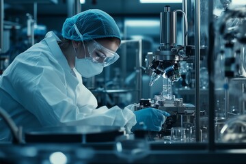 Science worker engineer servicing and repairing advanced machinery in medical equipment hygiene factory