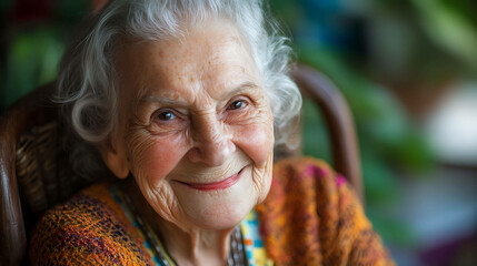 An elderly woman with a warm smile and kind eyes looks at the camera.