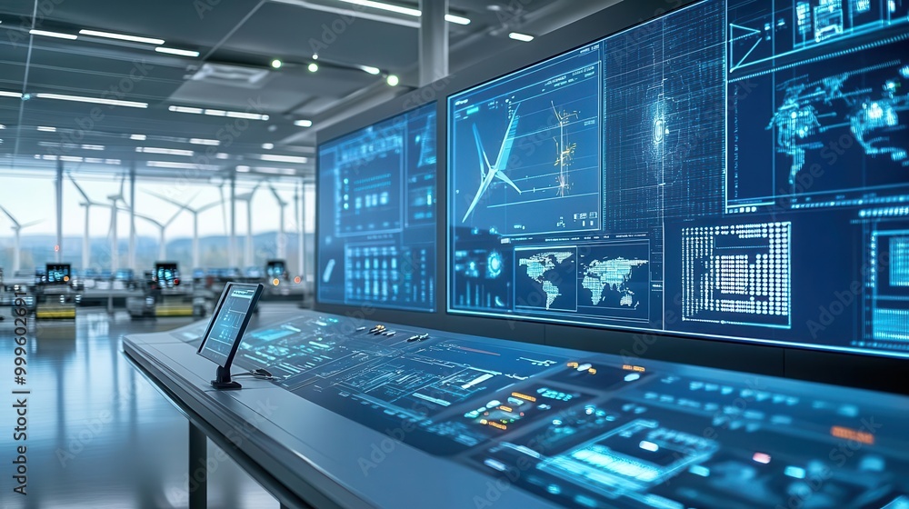 Poster futuristic control room with advanced digital dashboard displaying data analytics and global informa