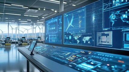Fototapeta premium Futuristic control room with advanced digital dashboard displaying data analytics and global information in high-tech environment.
