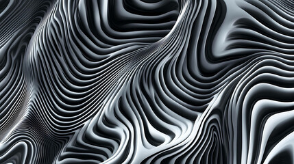 Abstract black and white wavy lines, forming a dynamic pattern.