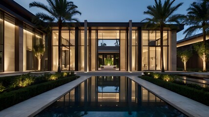 Fototapeta premium Modern luxurious mansion with a large infinity swimming pool, showcasing a rich and extravagant villa design
