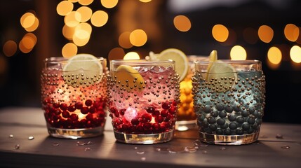 Four Glasses of cocktails of Christmas decoration with bokeh lights background.