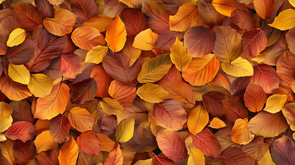A vibrant collection of autumn leaves in shades of red, orange and yellow.