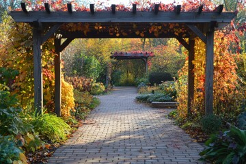 Trellis in Autumn Garden: Vibrant Colors Illuminate Brick Pathway