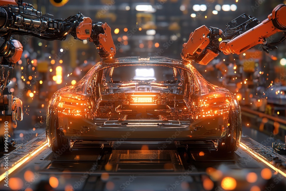 Poster a futuristic assembly line with robotic arms efficiently constructing a car frame, with precision la