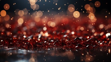 Glittering red Xmas background with snowflakes and lights. 