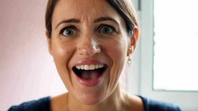 Close-up, static video of young caucasian woman with freckles transitioning from surprise to amusement.