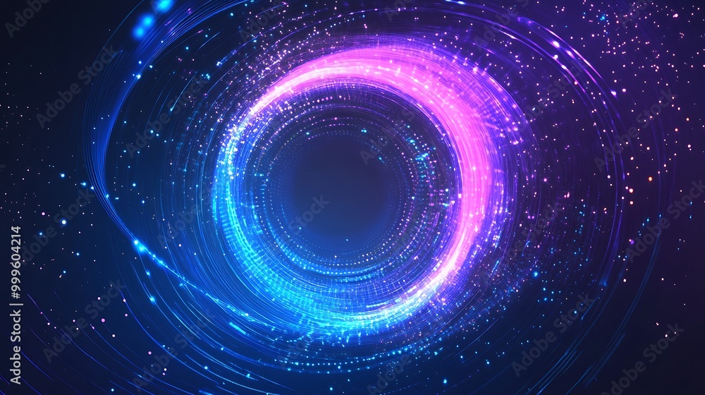 Poster Abstract swirling light ring with blue and pink glow and sparkling particles in dark background.