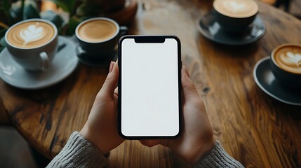 Woman's hands holding a smartphone with blank screen, sitting at a wooden table with coffee cups.