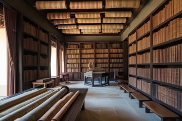 Obraz premium A Tranquil Library Filled with Ancient Scrolls and Historical Books of Wisdom