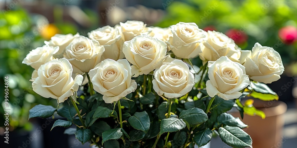 Sticker A delicate bouquet of creamy white roses with lush green foliage, captured in a soft, natural light