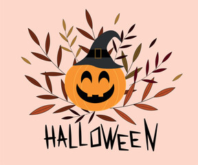 Halloween pumpkin with witch hat and lettering. Vector illustration.