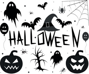 Halloween black and white vector illustration. Hand drawn lettering with halloween elements.