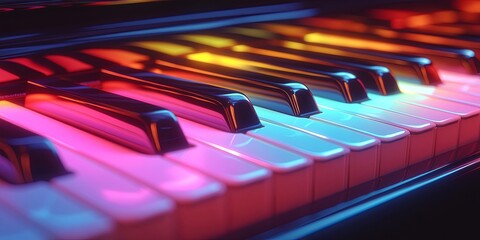 Close-up view of a piano keyboard illuminated with vibrant neon lights, creating a captivating abstract composition.