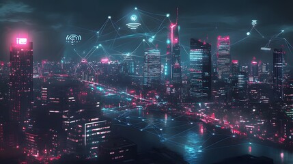 Modern city with wireless network connection and city scape concept.Wireless network and Connection technology concept with city background at night. 