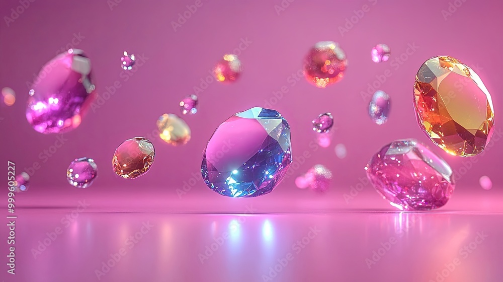 Sticker A collection of colorful, multifaceted gemstones float in a pink, ethereal space, reflecting light and casting shimmering reflections.