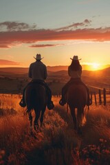 Fototapeta premium Two people ride horses through a landscape, with a scenic view in the background