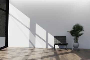 Living room interior wall mockup with yellow armchair and green plant in the pot on empty white wall background with shadows of window. 3d rendering