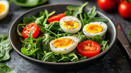 A salad featuring arugula, spinach, tomatoes, and eggs, with a tinted effect and selective focus.