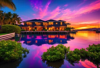 Fototapeta premium vibrant sunset reflections luxurious waterfront homes colorful skies serene water views, upscale, landscape, architecture, evening, beauty, nature, horizon